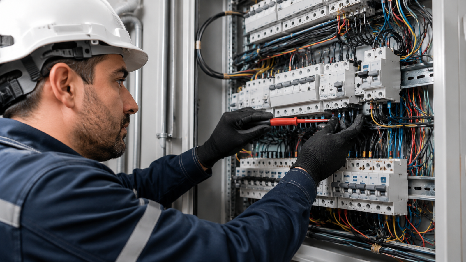 Técnico trabajando en tablero eléctrico industrial