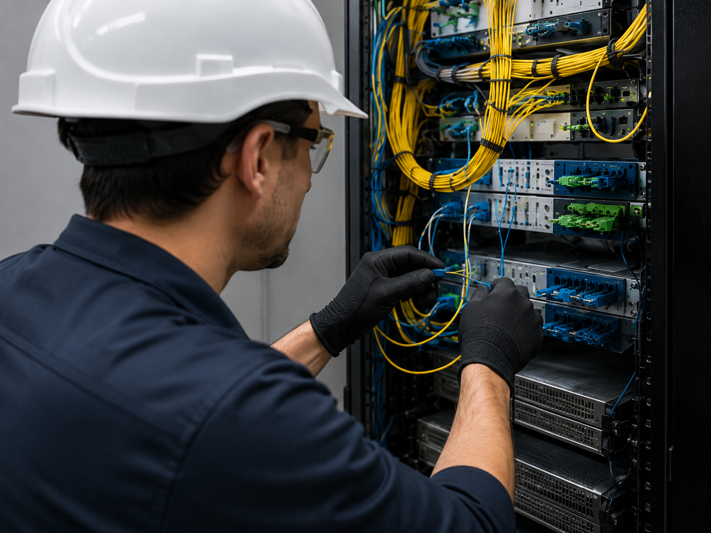 Trabajo de fibra óptica para telecomunicaciones
